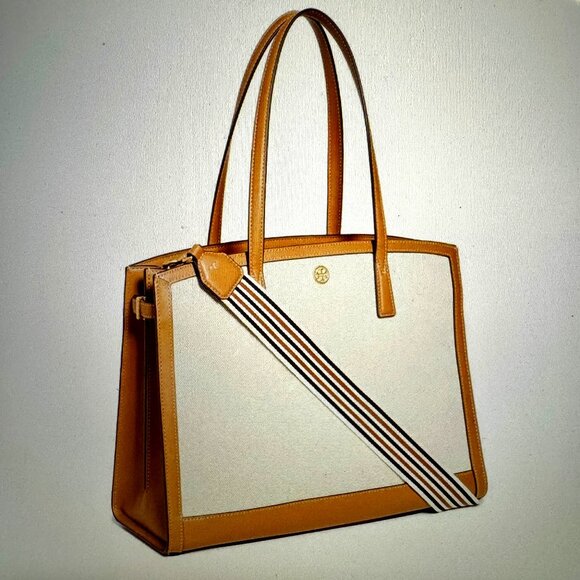 Tory Burch Handbags - Tory Burch Walker Canvas Satchel in Natural with Striped Strap